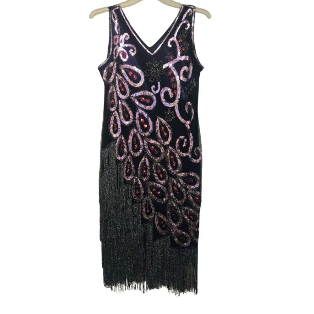 Vintage Style Peacock Sequin Roaring 20s Gatsby Party‎ Flapper Dress XL